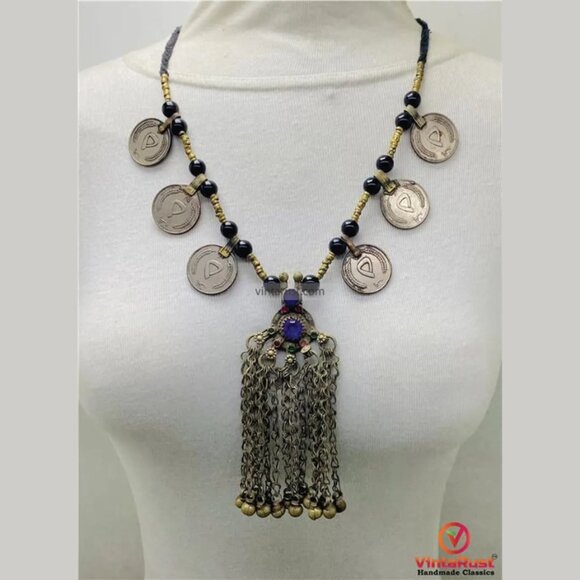 Coins and Beads Chain Necklace: Tribal Handmade Afghan Pendant - Picture 1 of 7